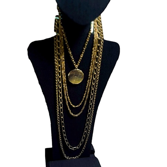 Long Multi Strand Gold Necklace with Locket Five Gold Tone Chains and Locket - Picture 11 of 12